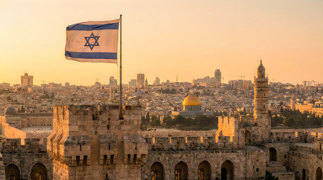 Jerusalem cityscape with Israeli flag waving at sunset