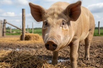 Domestic Pig Standing in Farmyard Close Up Livestock Animal in Rural Agriculture Environment