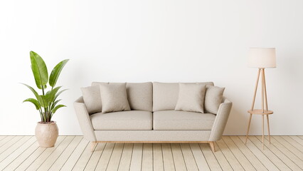 sofa with cushions sits in a living room space. lamp stands beside it, and a plant in a pot is nearby. floor is wooden, and the wall is plain. 3d render © angel_nt