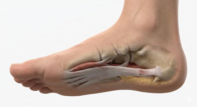 Anatomical visualization displaying plantar fasciitis inflammation and calcaneal bone spur representing common painful foot orthopedic pathology within clinical medical science