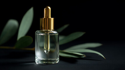 Naklejka premium Clear Glass Dropper Bottle with Golden Cap and Natural Plant Decor: Essential Oil, Serum, or Cosmetic Packaging on Dark Background