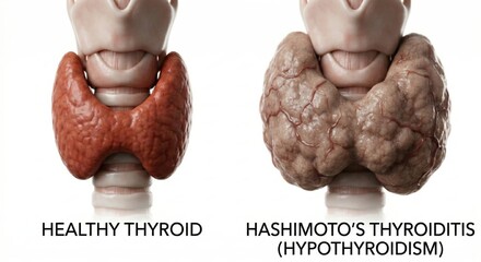 Anatomical comparison rendering healthy thyroid gland and gland damaged by Hashimoto's thyroiditis hypothyroidism autoimmune inflammation representing chronic endocrine pathology clinical medicine