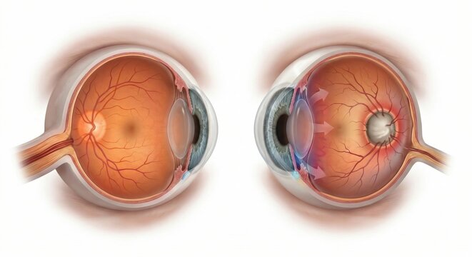 Comparison of healthy human eye and eye with severe open angle glaucoma displaying optic disc cupping and nerve fiber loss dramatic anatomical visualization within ophthalmology medical science