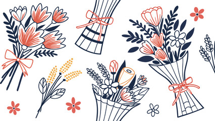 Colorful hand drawn flower bouquets tied with red ribbon bows. Vector botanical illustration set with chamomile, echinacea and daffodil for spring greeting   © Sheikh