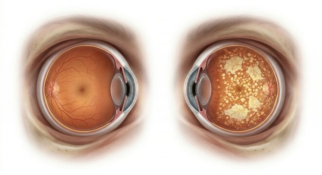 Anatomical comparison visualization displaying healthy human macula alongside dry age related macular degeneration with significant drusen deposits and geographic atrophy medical science