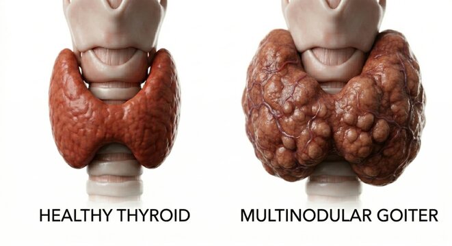 Anatomical comparison visualization displaying healthy thyroid gland alongside one distorted by large multinodular goiter benign tumors representing obstructive endocrine pathology clinical science