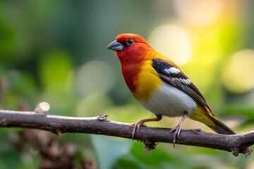 Fototapeta premium Vibrant Exotic Bird Sitting Gracefully on Slim Branch in Lush Green Forest Background