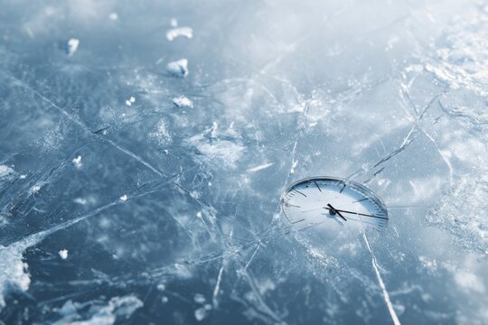 Frozen lake surface with embedded clock symbol representing time concept in a cold winter landscape
