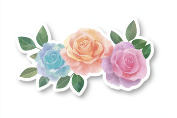 Fototapeta premium Beautiful watercolor roses various colors with green leaves create vibrant floral design. This sticker showcases elegance