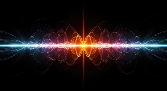 Abstract depiction of increasing energy waves meeting a matching frequency point, showing maximum amplitude and controlled stability, light, digital, feedback
