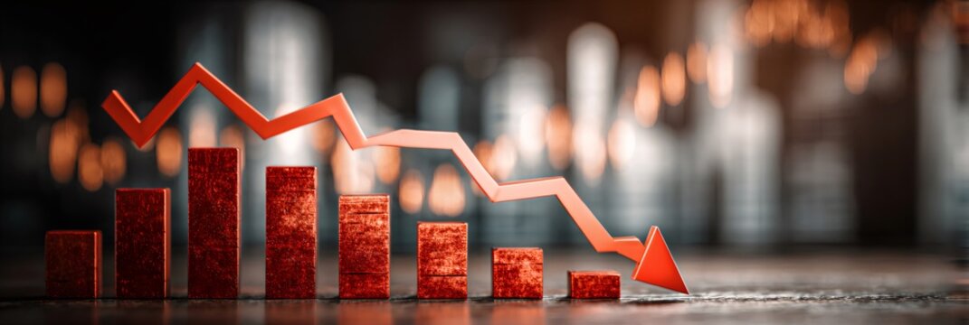 Financial crisis concept with red downward arrow and declining bar chart