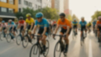 Blurred background of large diverse group of cyclists riding together to celebrate World Bicycle Day, dozens of riders of different ages and cultures wearing bright jerseys and helmets on modern road.