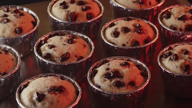 4K timelapse footage chocolate muffins baked in a pan in the oven, Homemade Organic fresh bread baking in oven bakery. Food concept Close-up in 4K