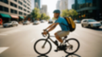 Fototapeta premium Blurred background of bicycle delivery courier working on World Bicycle Day, a fast cyclist carrying a large delivery backpack riding a lightweight fixie bicycle, busy downtown intersection with.