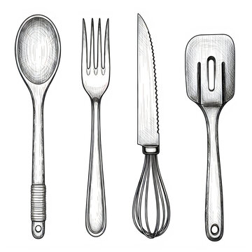Set of stainless steel cutlery including spoon, fork, knife and spork isolated on transparent background