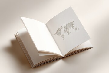 An open generic passport booklet placed on a clean neutral surface, with a map