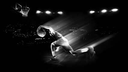 Basketball player driving toward basket with light trail motion effect in arena used for sports marketing, basketball promotion and athletic performance advertising. © master1305