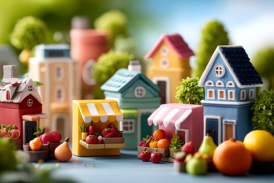 Whimsical 3D Clay Model of Colorful Houses and Farmers Market with Fresh Fruits