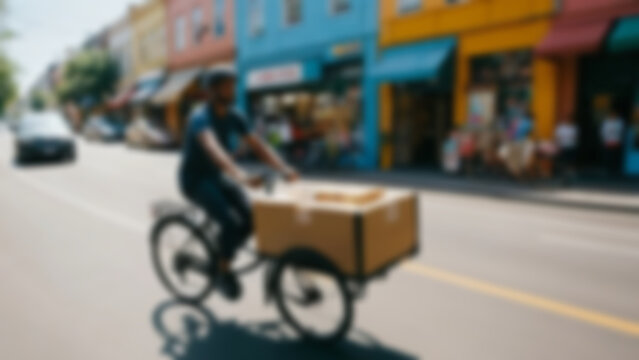 Blurred background of cargo bicycle transporting goods during World Bicycle Day, rider operating a large front-load cargo bicycle filled with packages and groceries, vibrant urban neighborhood street.