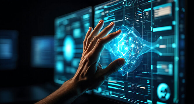 Futuristic hand interacting with complex digital interface displaying glowing network and data visualization, advanced technology concept for ai and big data analysis, abstract blue glowing elements