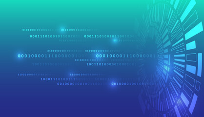Naklejka premium Futuristic digital background with binary code and circular tech interface, symbolizing data processing, cybersecurity, artificial intelligence, and advanced information technology systems.