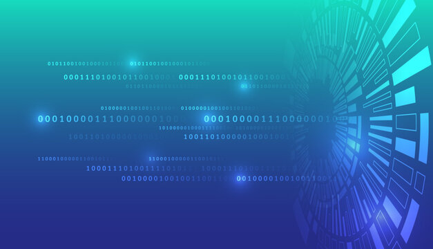 Futuristic digital background with binary code and circular tech interface, symbolizing data processing, cybersecurity, artificial intelligence, and advanced information technology systems.