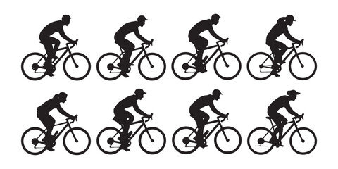 Fototapeta premium Set of cyclist silhouettes demonstrating different riding positions, men and women in motion
