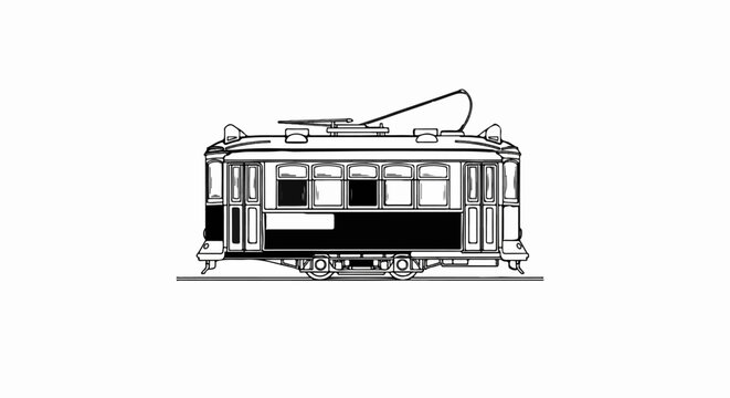 A black and white drawing of a vintage tram with its pantograph raised