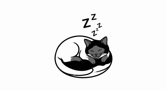A black and grey cat sleeps curled in a circle with z's above