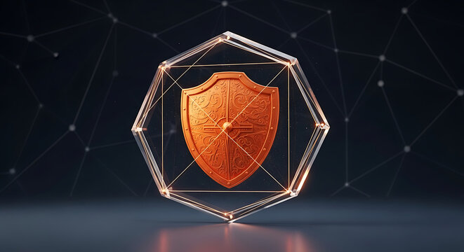 Digital Security Shield Icon Inside Geometric Frame with Network Background