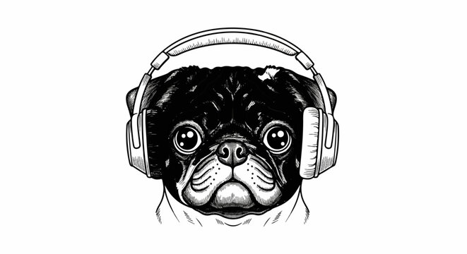 A detailed black and white drawing of a pug wearing large headphones