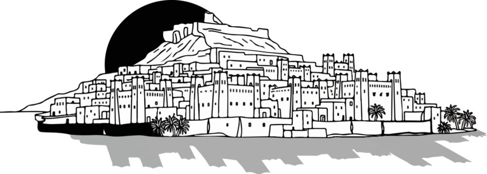 A detailed black and white illustration depicts a dense, ancient settlement built on a hillside