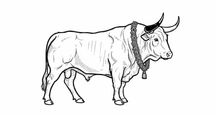 Fototapeta premium A detailed ink drawing of a powerful bull adorned with a floral garland