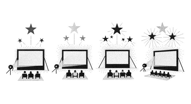 Four screens with audience and stars above, representing different event sizes and success