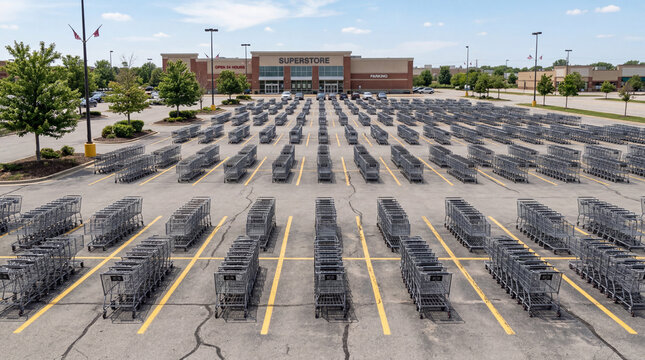 Parking o&ugrave; chaque place est occup&eacute;e par un caddie de supermarch&eacute; rang&eacute; entre les lignes