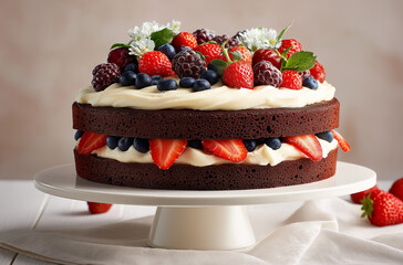 A decadent chocolate cake adorned with fresh berries and creamy frosting on a white pedestal