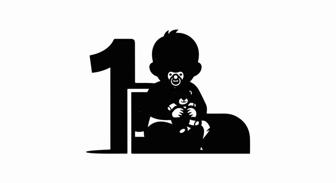 A black silhouette of a baby wearing a pacifier and holding a teddy bear is centered next to the number one