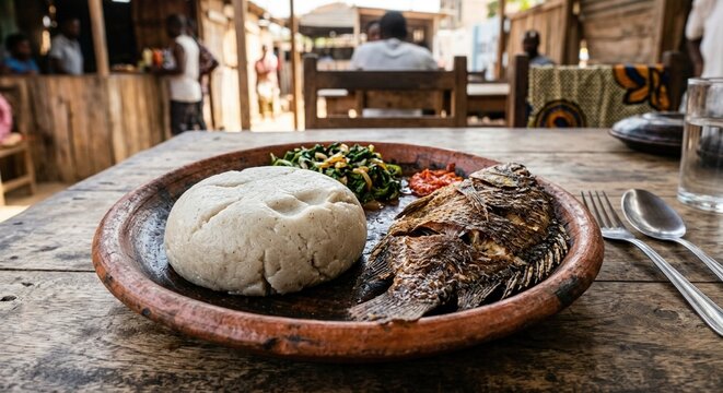 Chilled funge with dried fish and green vegetables on clay plate in rustic outdoor cafe
