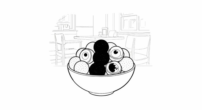 A bowl filled with eyeballs and black spheres sits on a table in a diner