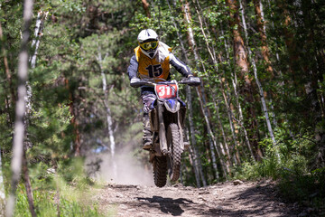 Naklejka premium Off-road dirt bike rider speeding through forest trail