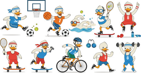 Cute Duck Sports Activity Character Set Featuring Cartoon Ducks Playing Soccer, Basketball, Tennis, Swimming, Skateboarding, Cycling, Running and Gym Workout in Flat Vector Style © Ismail