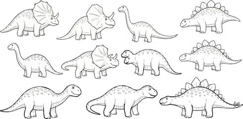 A collection of black and white illustrations of various cartoon dinosaurs