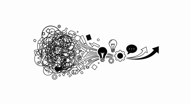 Abstract representation of ideas flowing from chaos to innovation, symbolizing progress