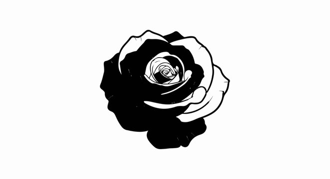 A stark black and white graphic illustration of a single rose in full bloom