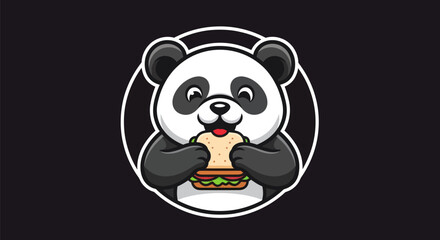 Cartoon panda eating sandwich on black © Aester