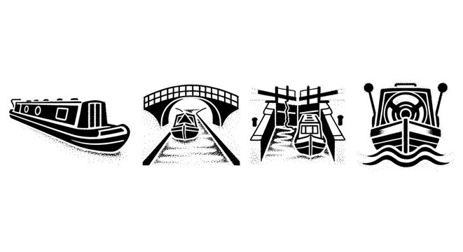 Collection of stylized canal boats and waterway infrastructure icons in black and white