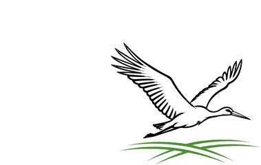 Fototapeta premium A stylized black outline of a bird in flight with wings spread over green grass blades