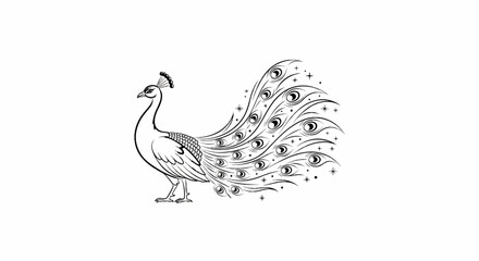 Fototapeta premium A stylized black and white peacock with a fanned tail and sparkling accents