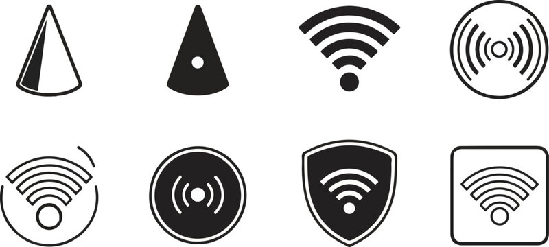 Eight varied icons depicting wireless signals, shields, and geometric shapes