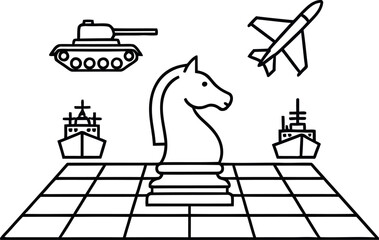 Black and white chess knight piece on grid with military vehicles and airplane chessboard tank © GR Graphics